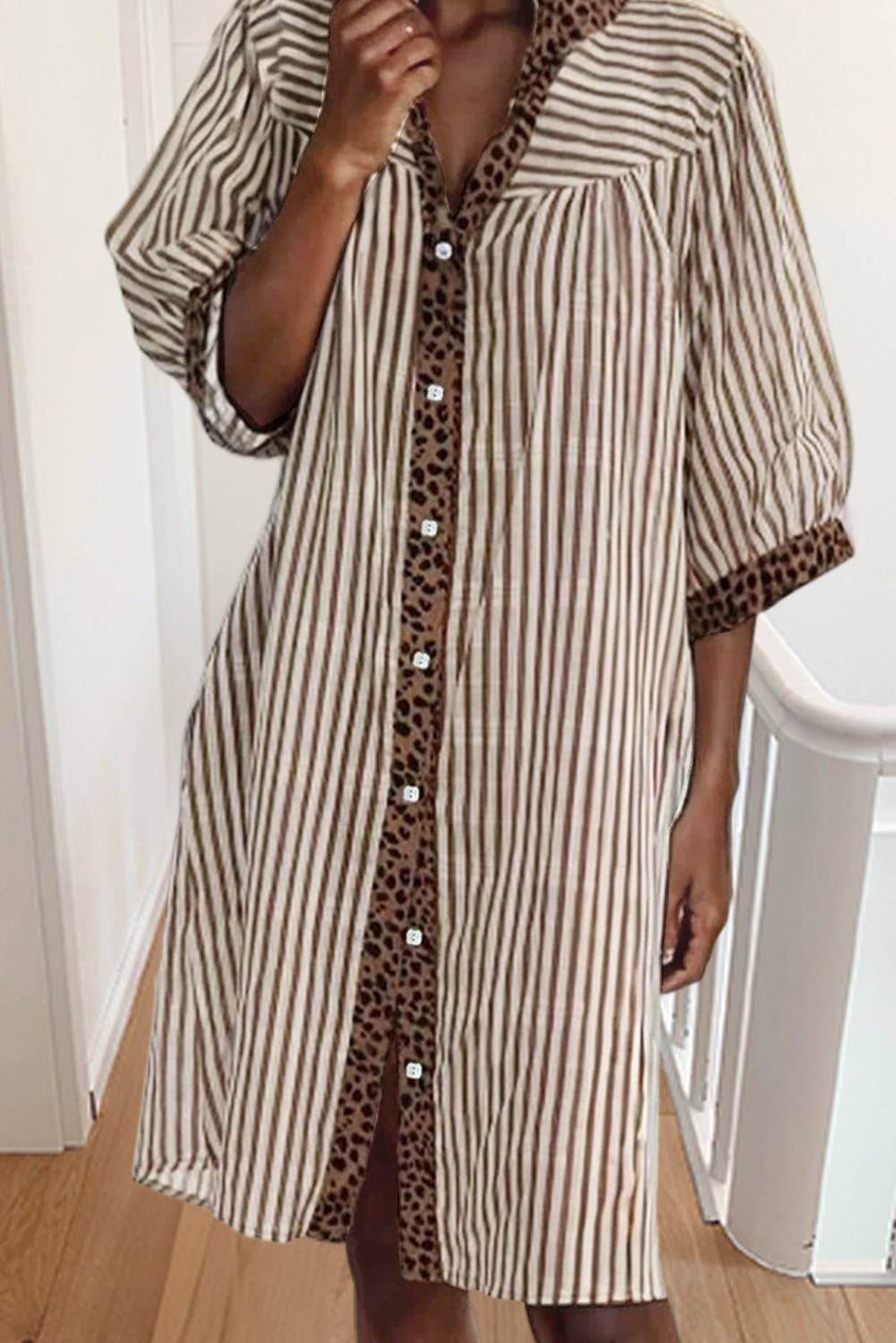Stripe Leopard Trim Shirt Dress