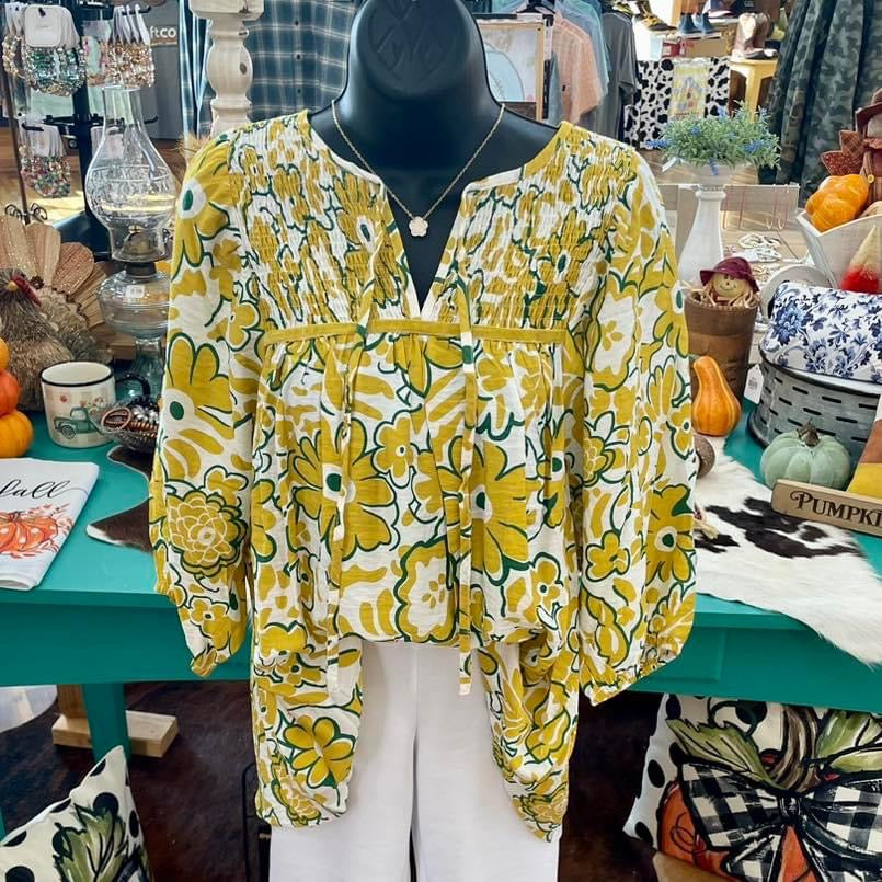 Plus Floral Front Tie Blouse Mustard