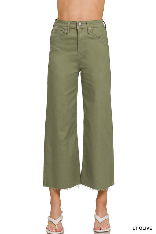 Cropped Flare Denim Pants, Lt Olive
