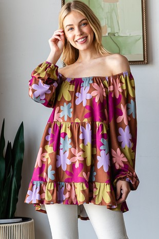 Plus Long Floral Print Tiered Top