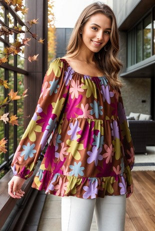 Long Floral Print Tiered Top