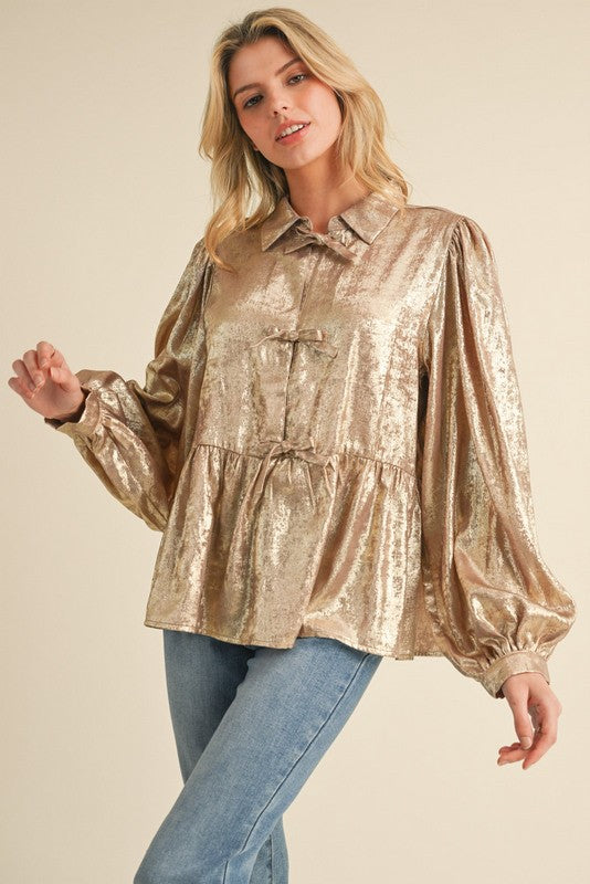 Metallic Gold Bow Tie Blouse