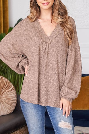 V-Neck Bubble Sleeve Top Mocha