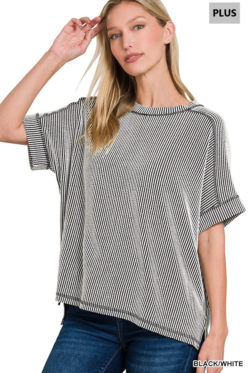 Plus Rib Cuff Sleeve Top-Black/White