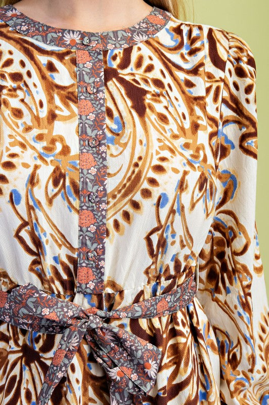 Watercolor Print Tiered Half Button Dress