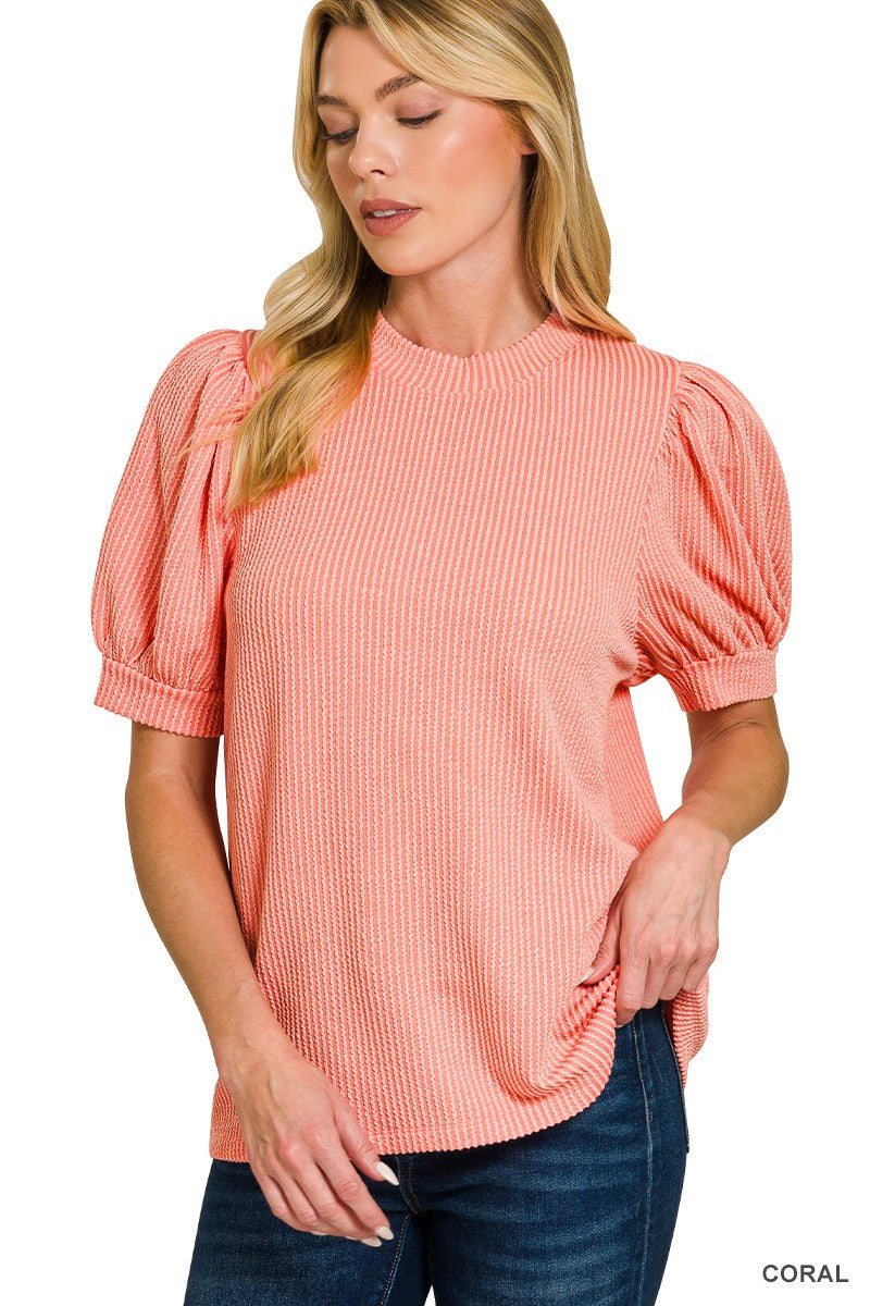 Raised Rib Puff Sleeve Top Coral