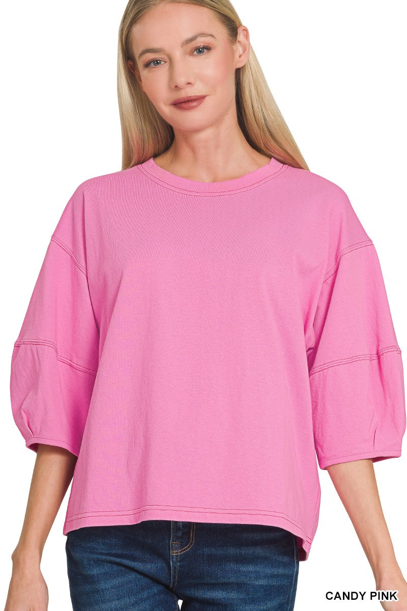 3/4 Balloon Sleeve Top, Candy Pink