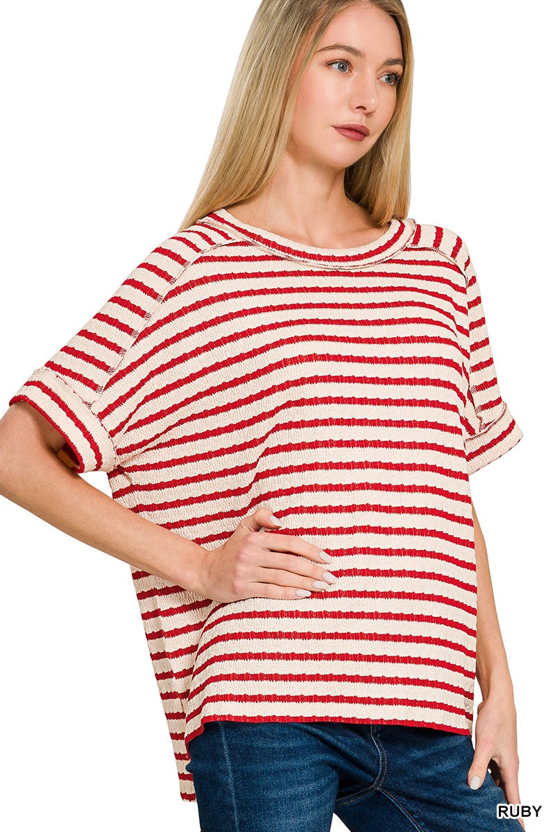 Striped SS Hi-low Tee Red