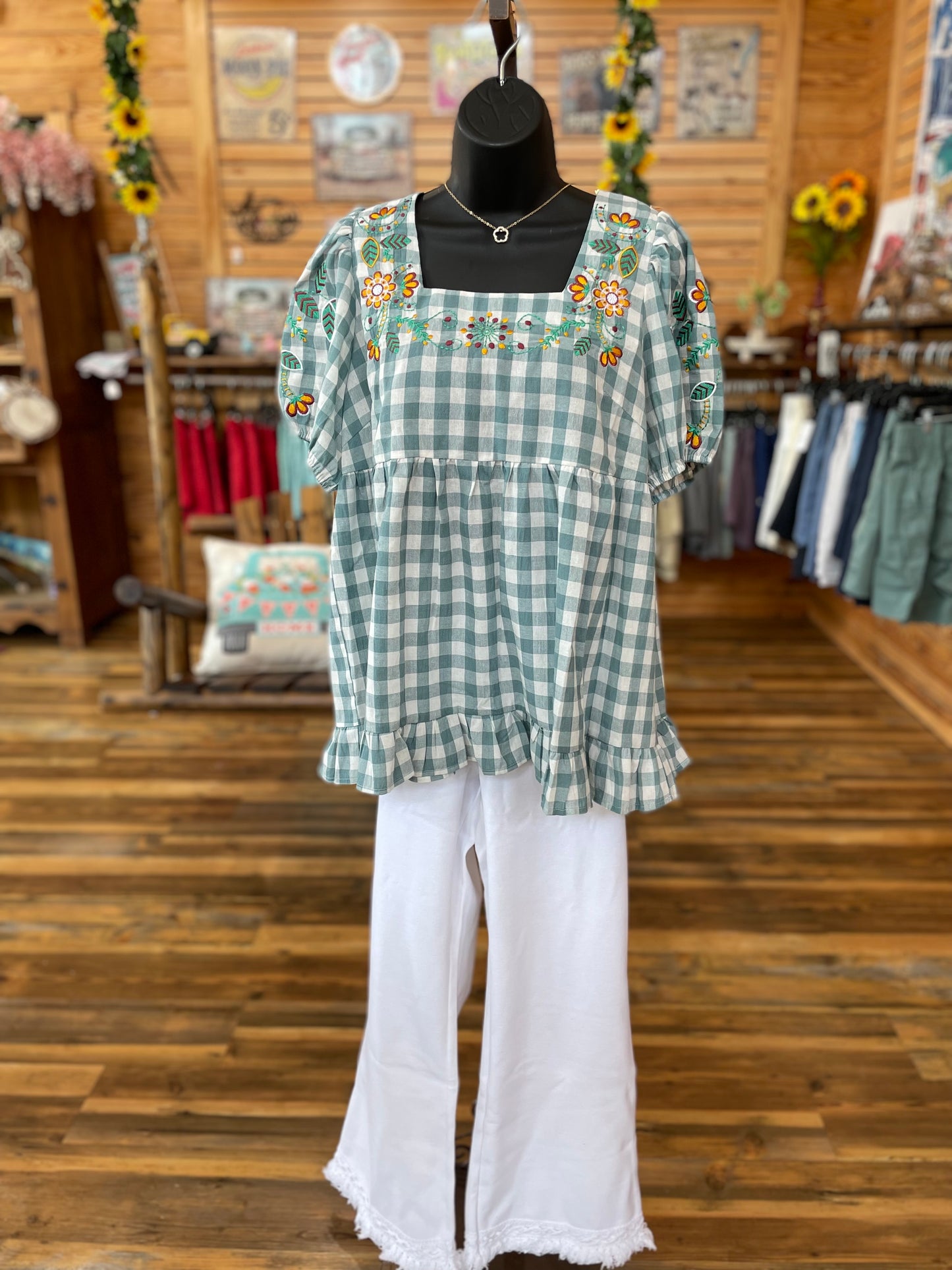 Plaid Bell Sleeve Top Light Teal
