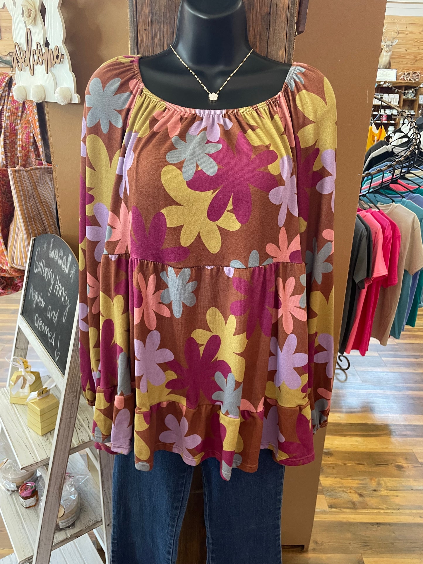 Plus Long Floral Print Tiered Top