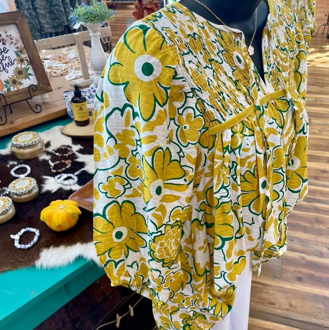 Plus Floral Front Tie Blouse Mustard