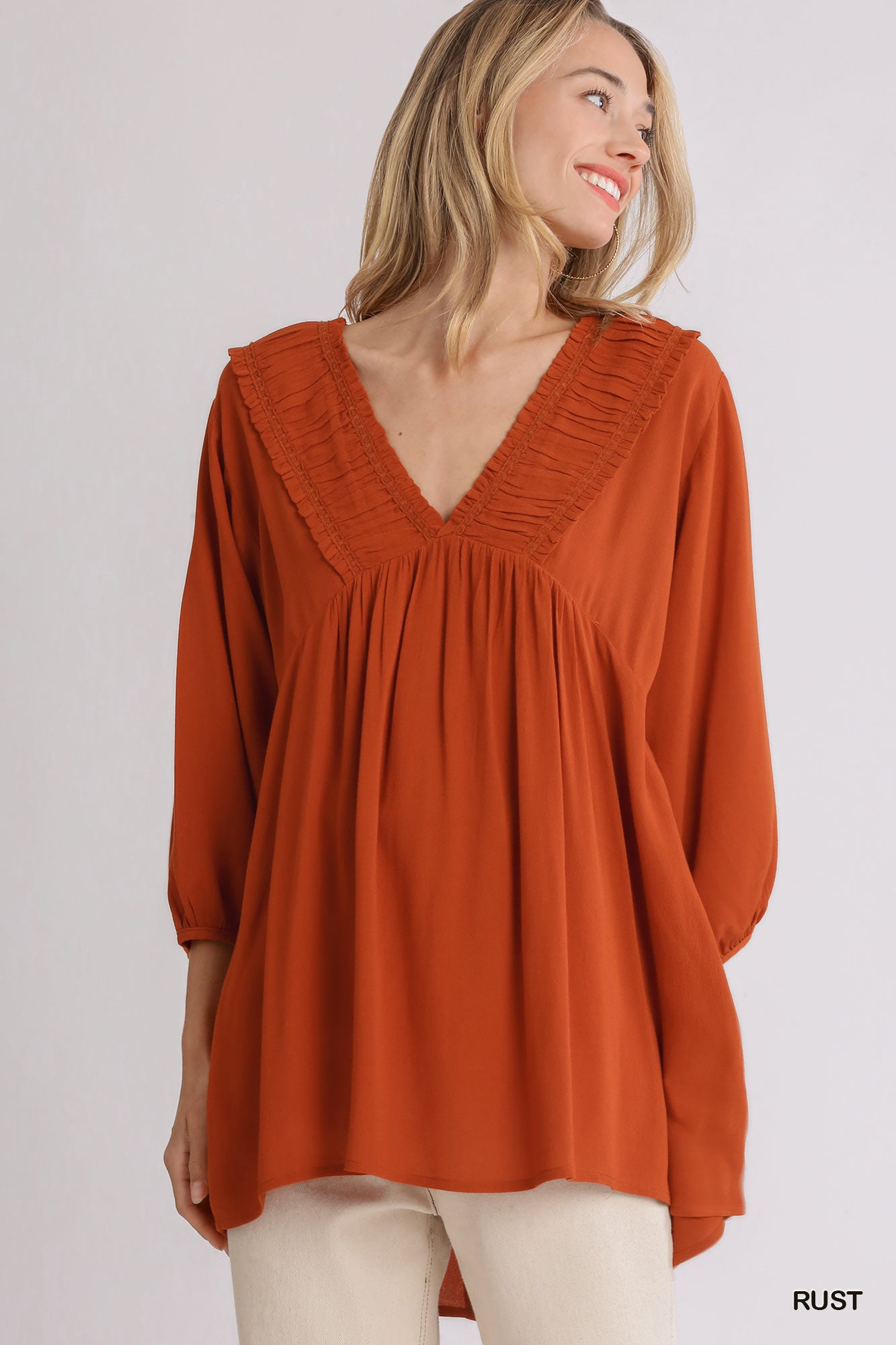Shirred V-Neck Blouse Rust