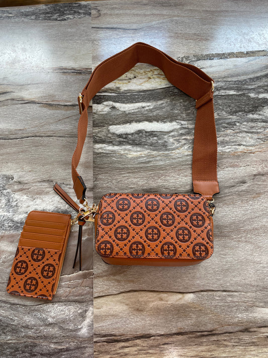 Brown Handtooled Crossbody W/ Card Wallet