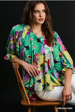 Floral Ruffle Sleeve Blouse Emerald