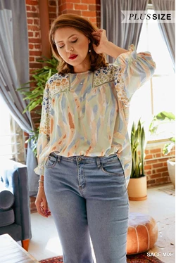 Plus Mixed Print Sage Top