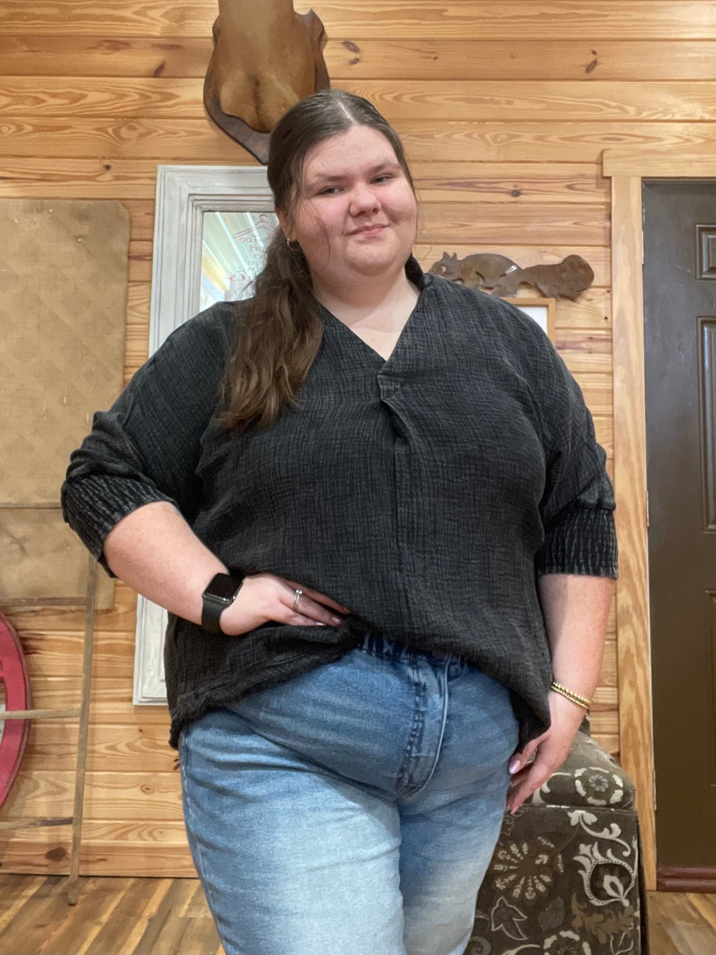 Plus Washed V-Neck Top Ash