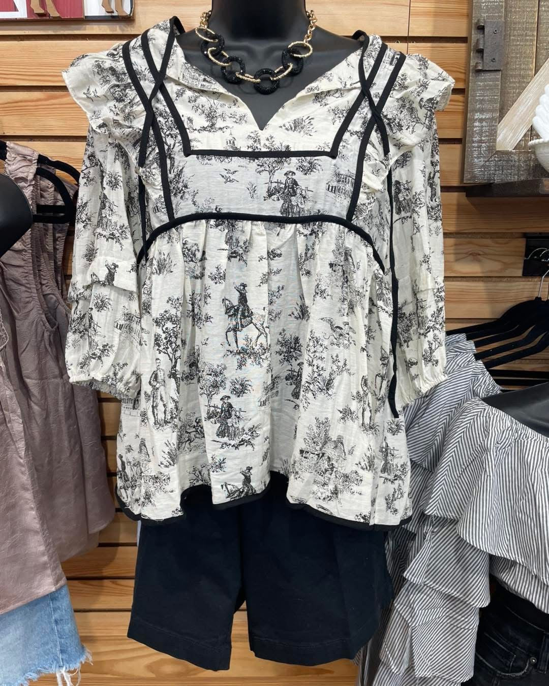Printed V-Neck Babydoll Top Cream/Black