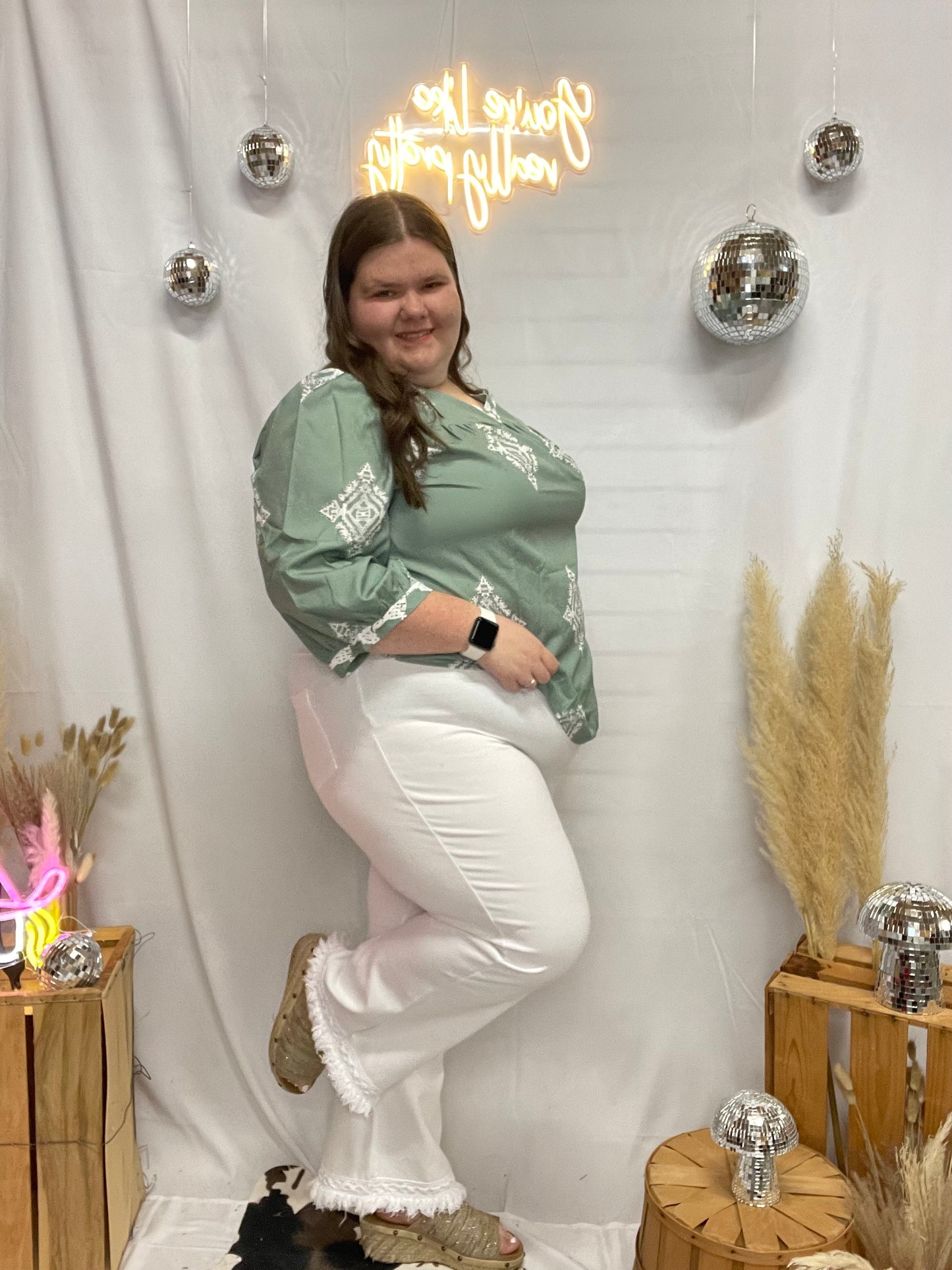 Plus Diamond Print V-Neck Top Sage Green