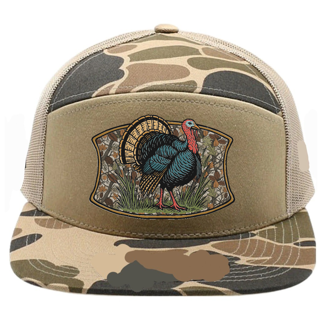 Adult 7 Panel Camo Turkey Snapback Hat: Khaki