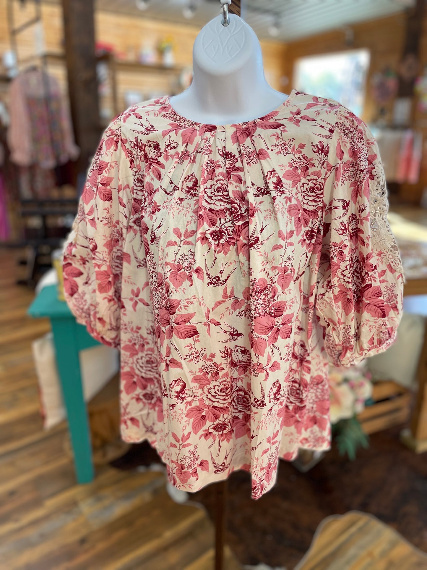 Floral Lace Balloon Sleeve Blouse Pink