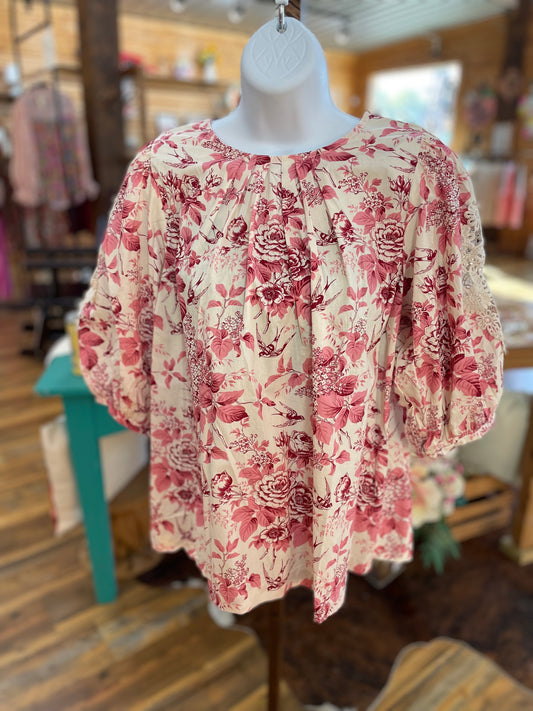Floral Lace Balloon Sleeve Blouse Pink