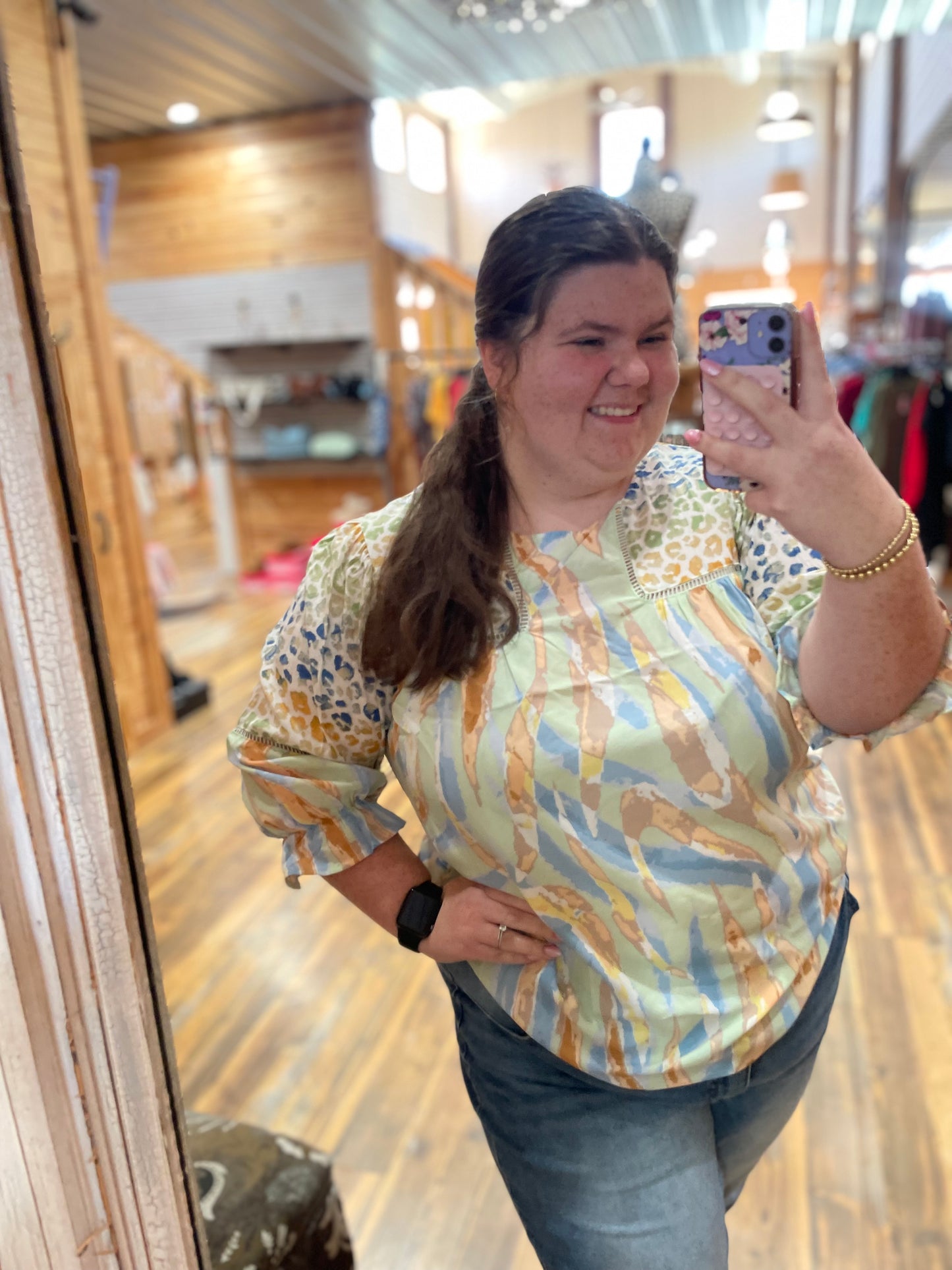 Plus Mixed Print Sage Top