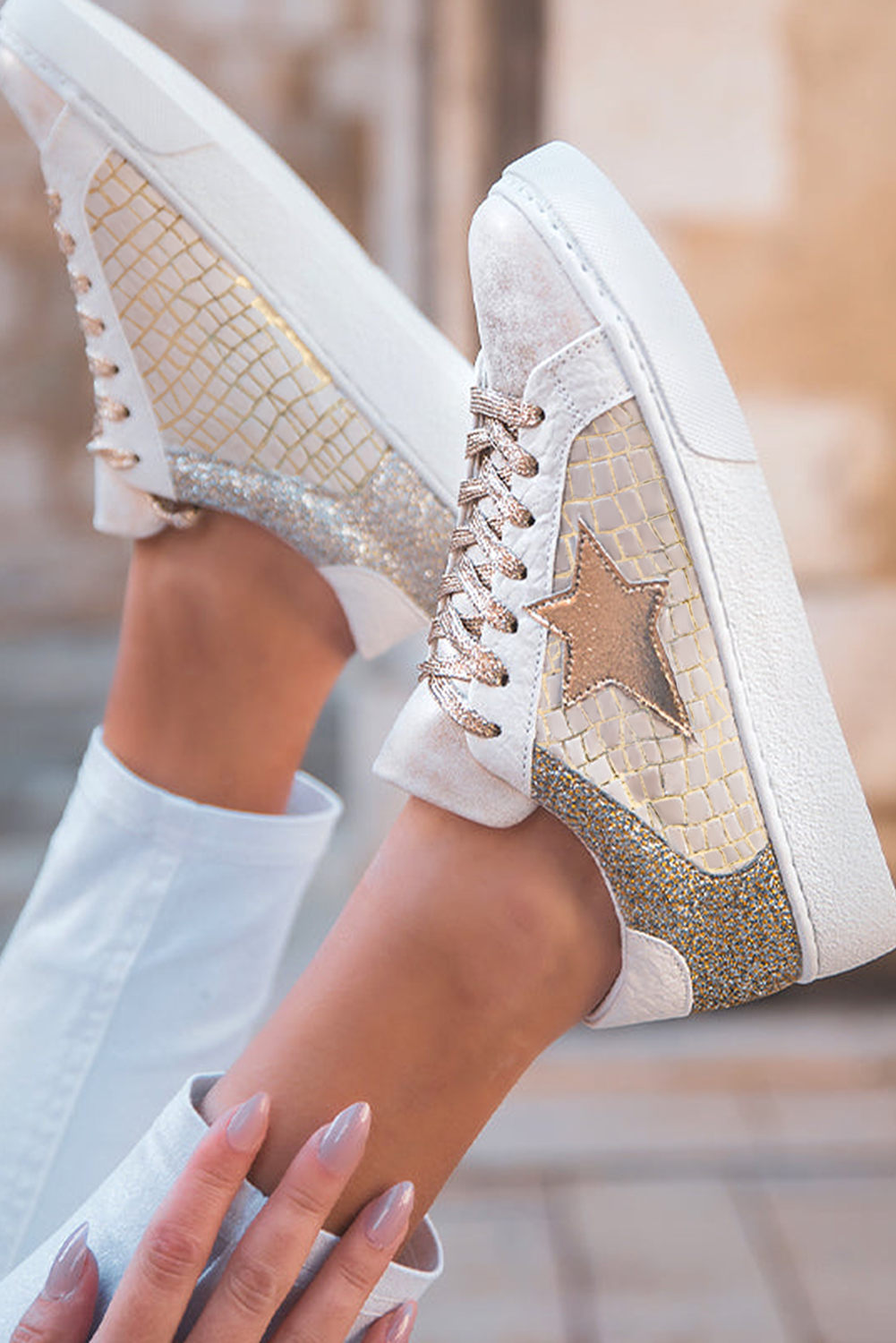 Glitter Star Patchwork PU Leather Lace-up Sneakers: Gold