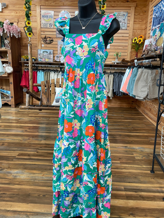 Floral Sleeveless Ruffle Maxi Dress Green