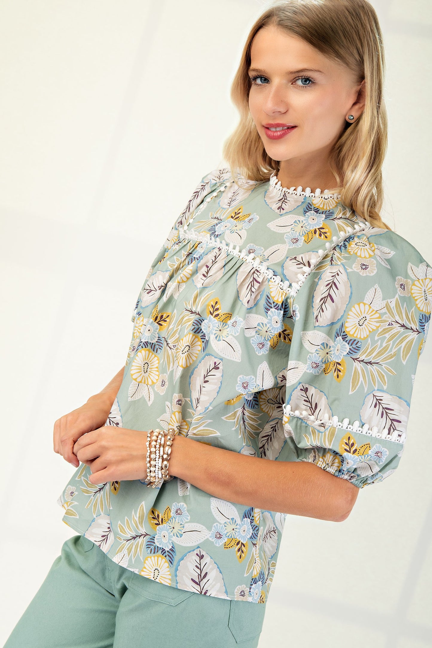 Balloon Sleeve Printed Top-Green