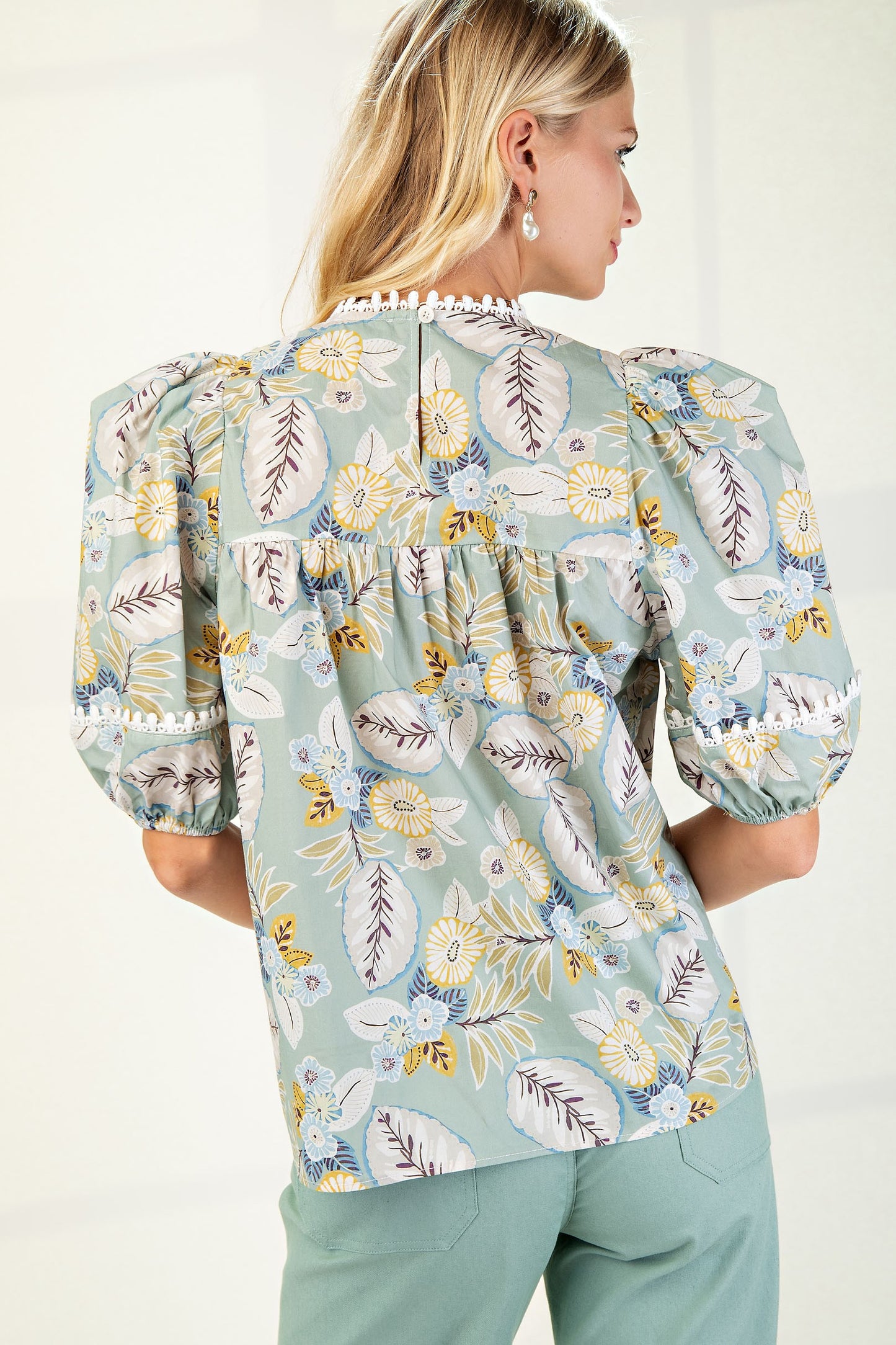 Balloon Sleeve Printed Top-Green