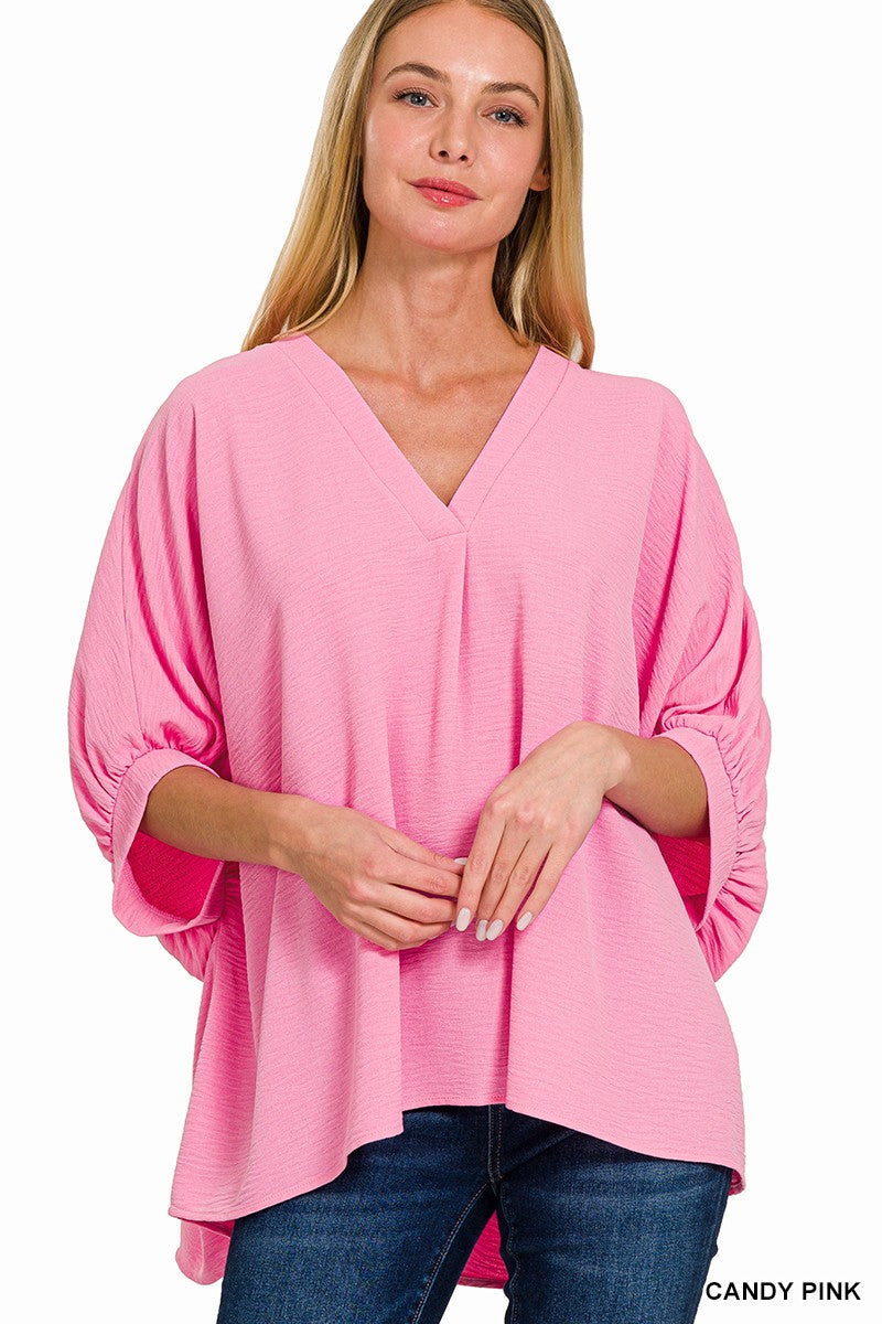 Plus Zenana V-Neck Puff Half Sleeve Top Candy Pink