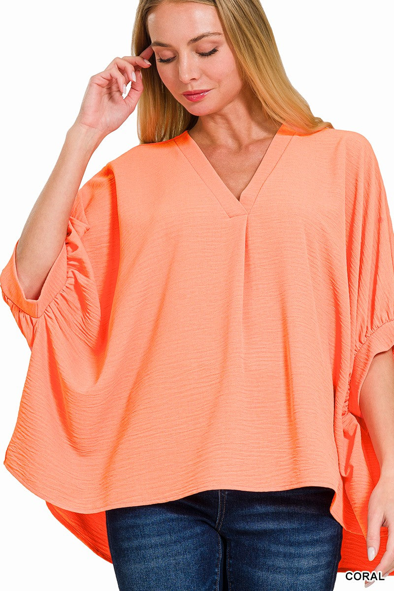 V-Neck Puff Half Sleeve Top Coral