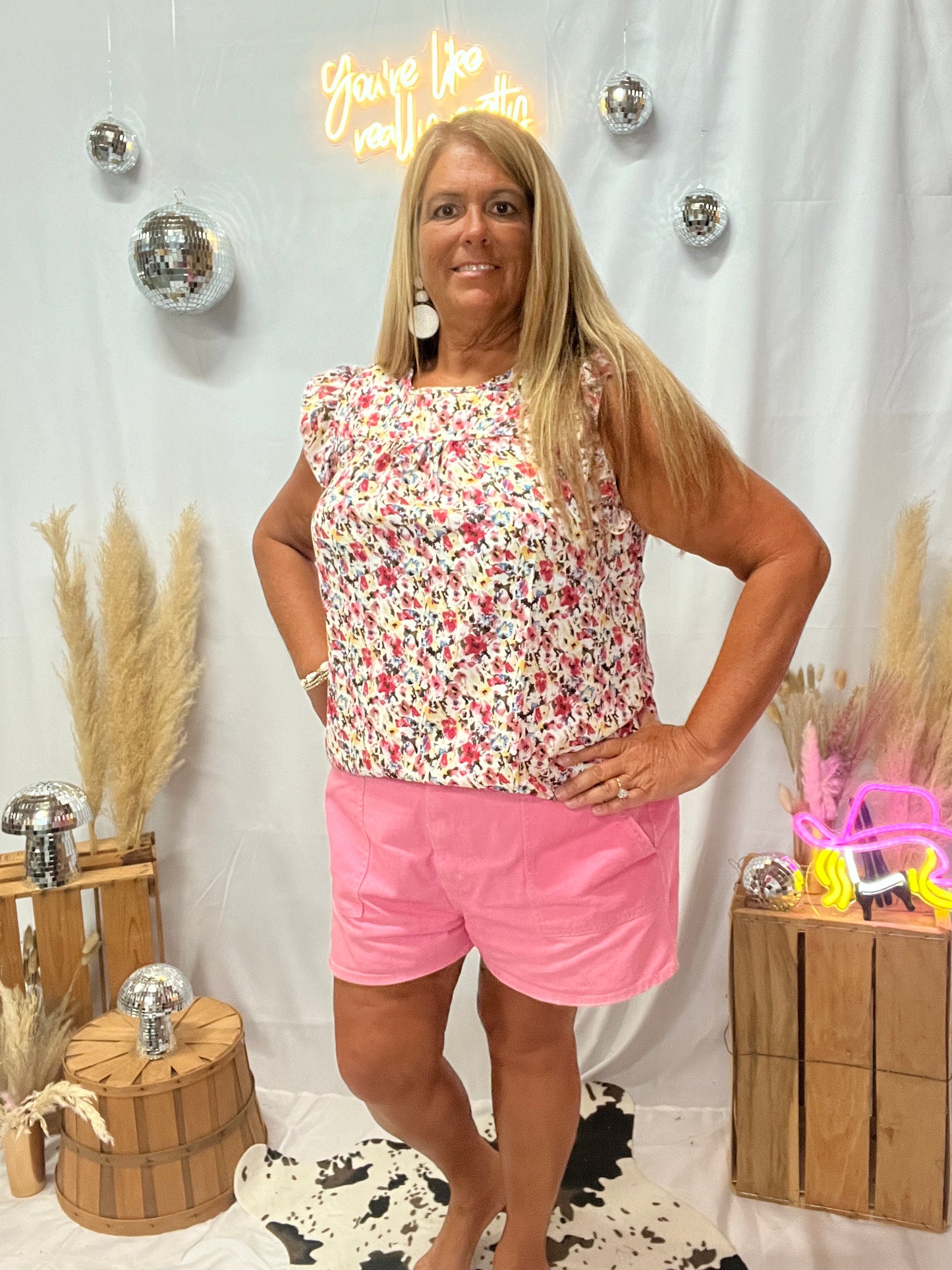 Floral Ruffle Sleeve Blouse Pink/Yellow