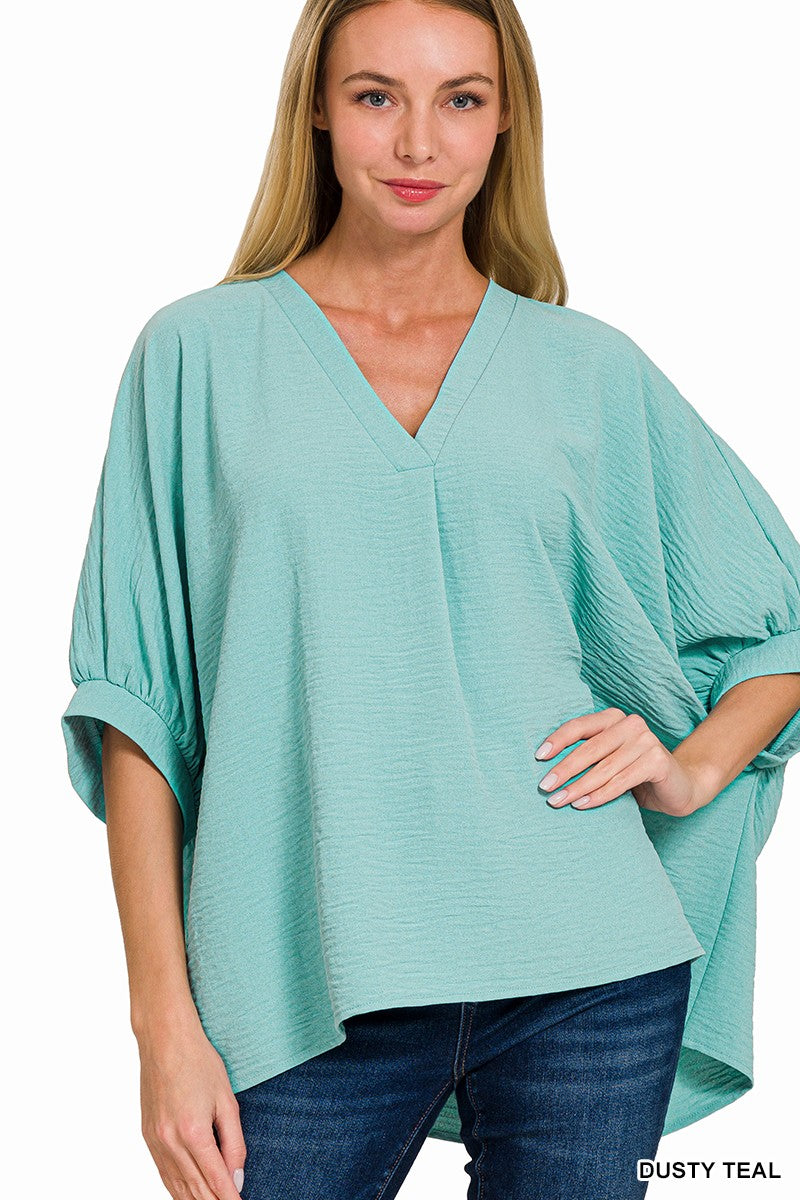 Plus V-Neck Puff Half Sleeve Top Dusty Teal