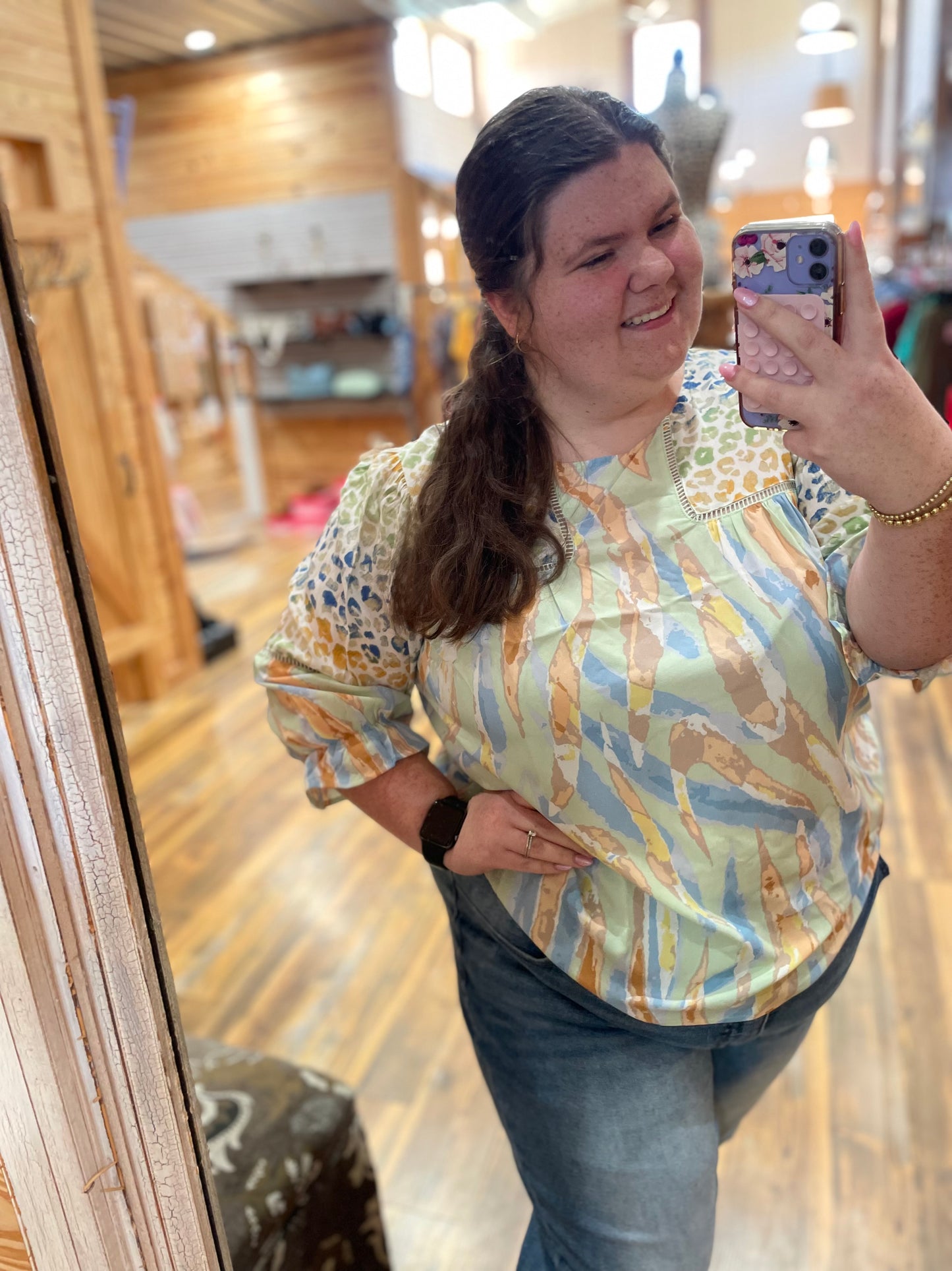 Plus Mixed Print Sage Top
