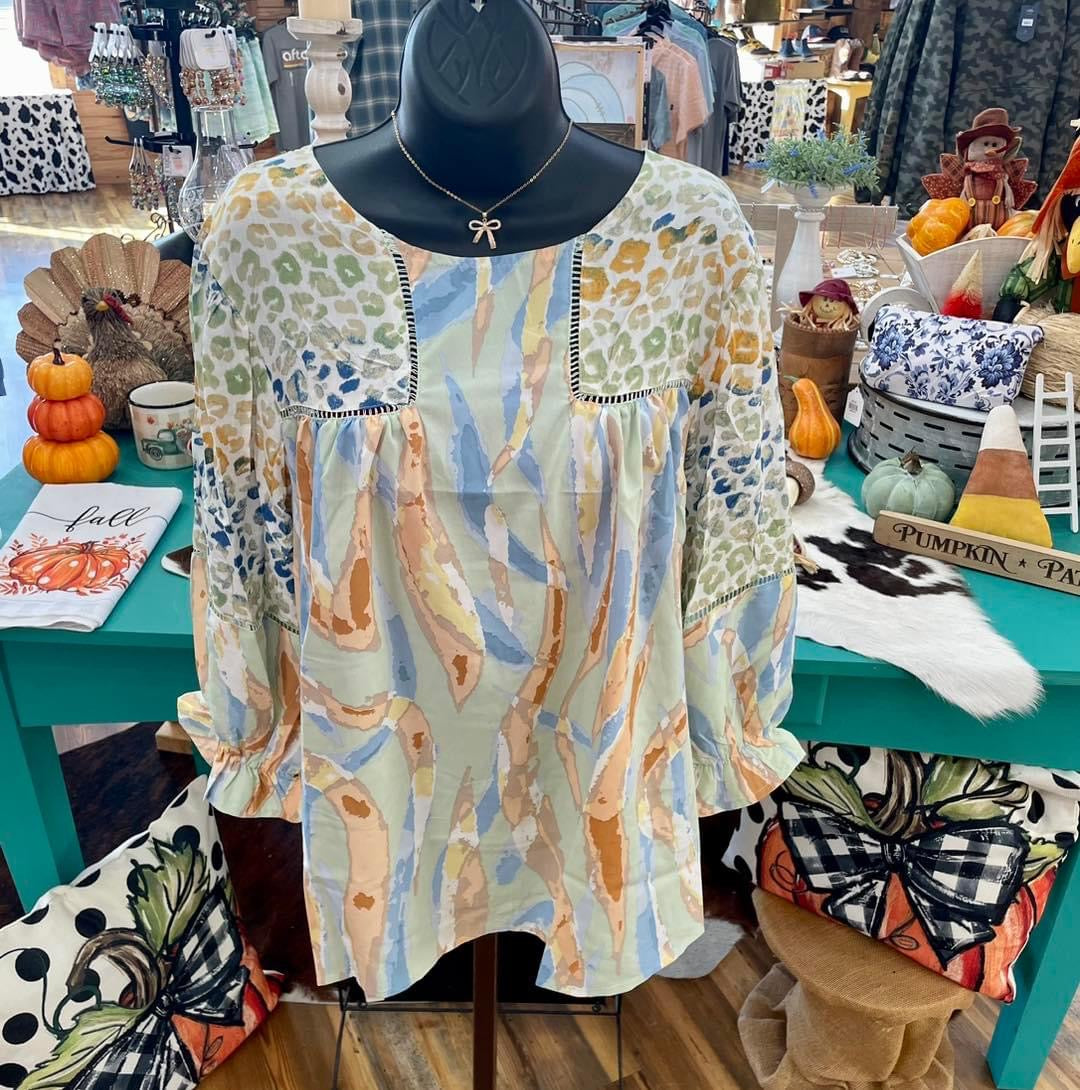 Plus Mixed Print Sage Top