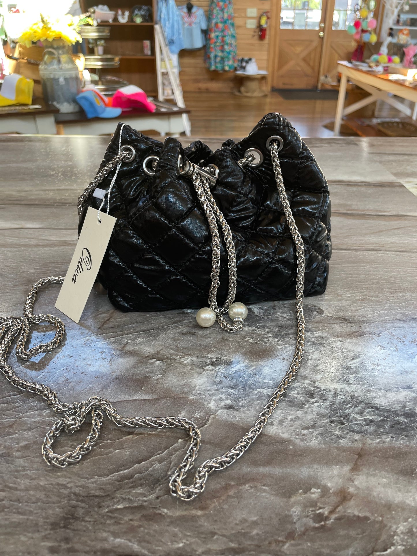 Faux Leather Mini Purse W/ Chain Black
