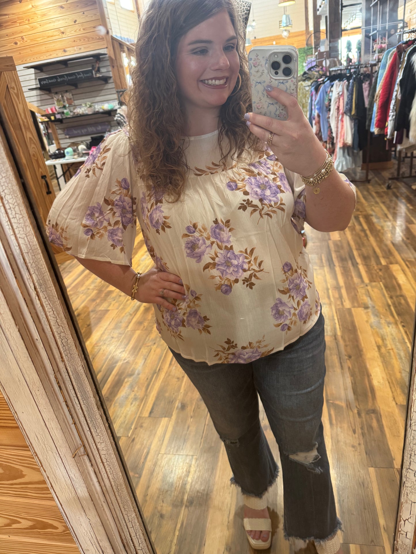 White/Lavender Floral Blouse