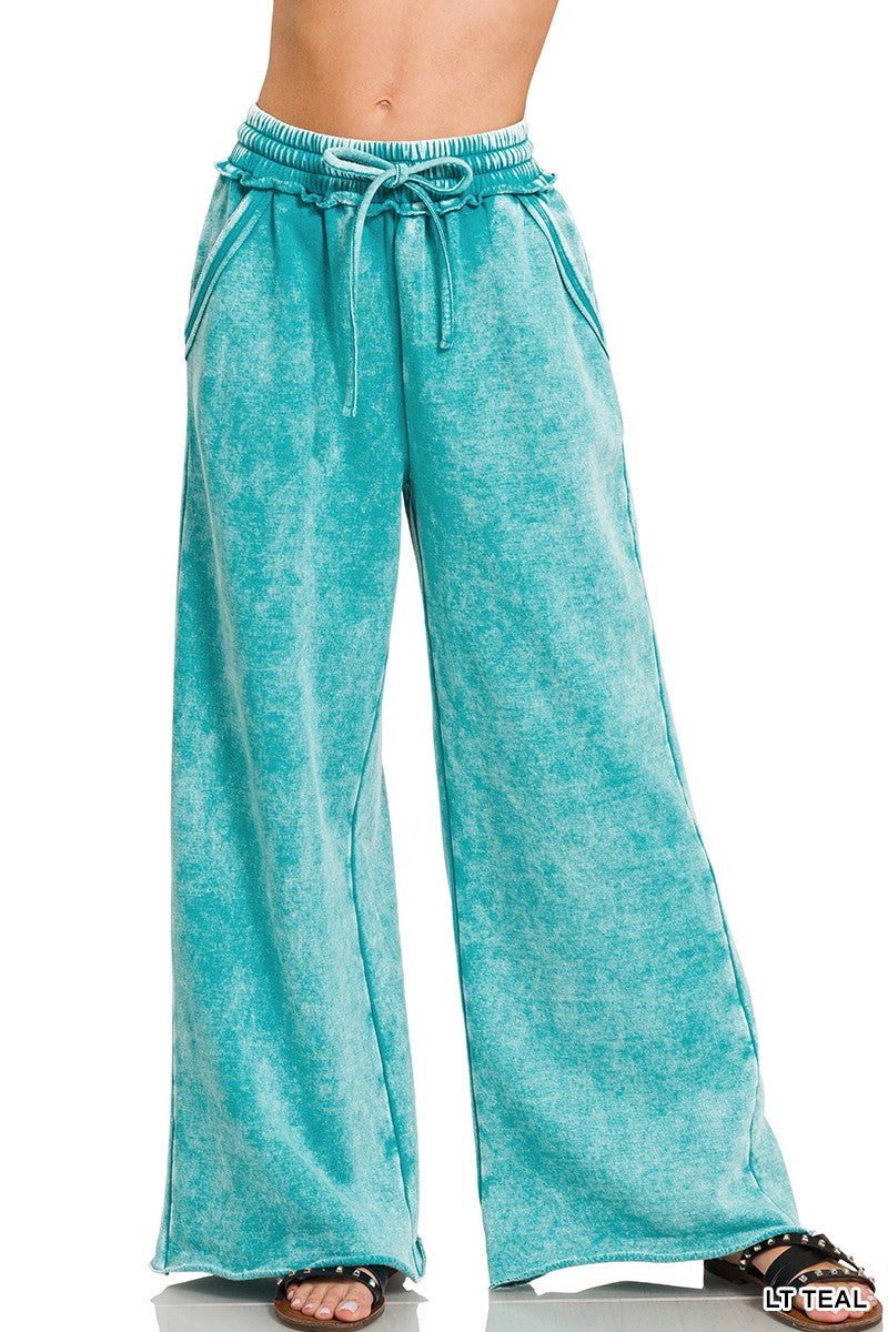 Acid Wash Fleece Palazzo Pants Teal