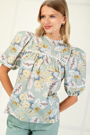 Balloon Sleeve Printed Top-Green