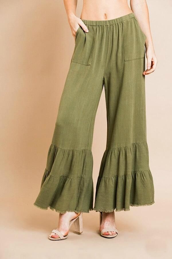 Plus Wide Leg Ruffle Pants Olive