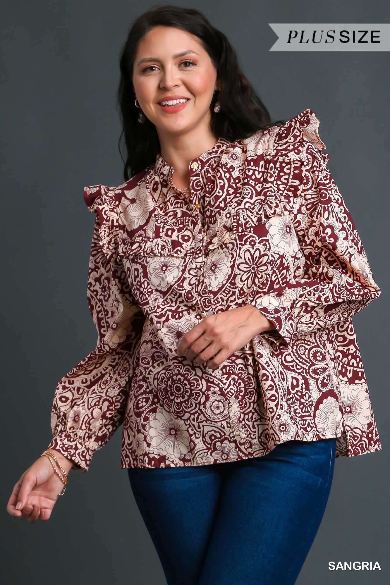 Plus Flutter Sleeve Button Down Sangria