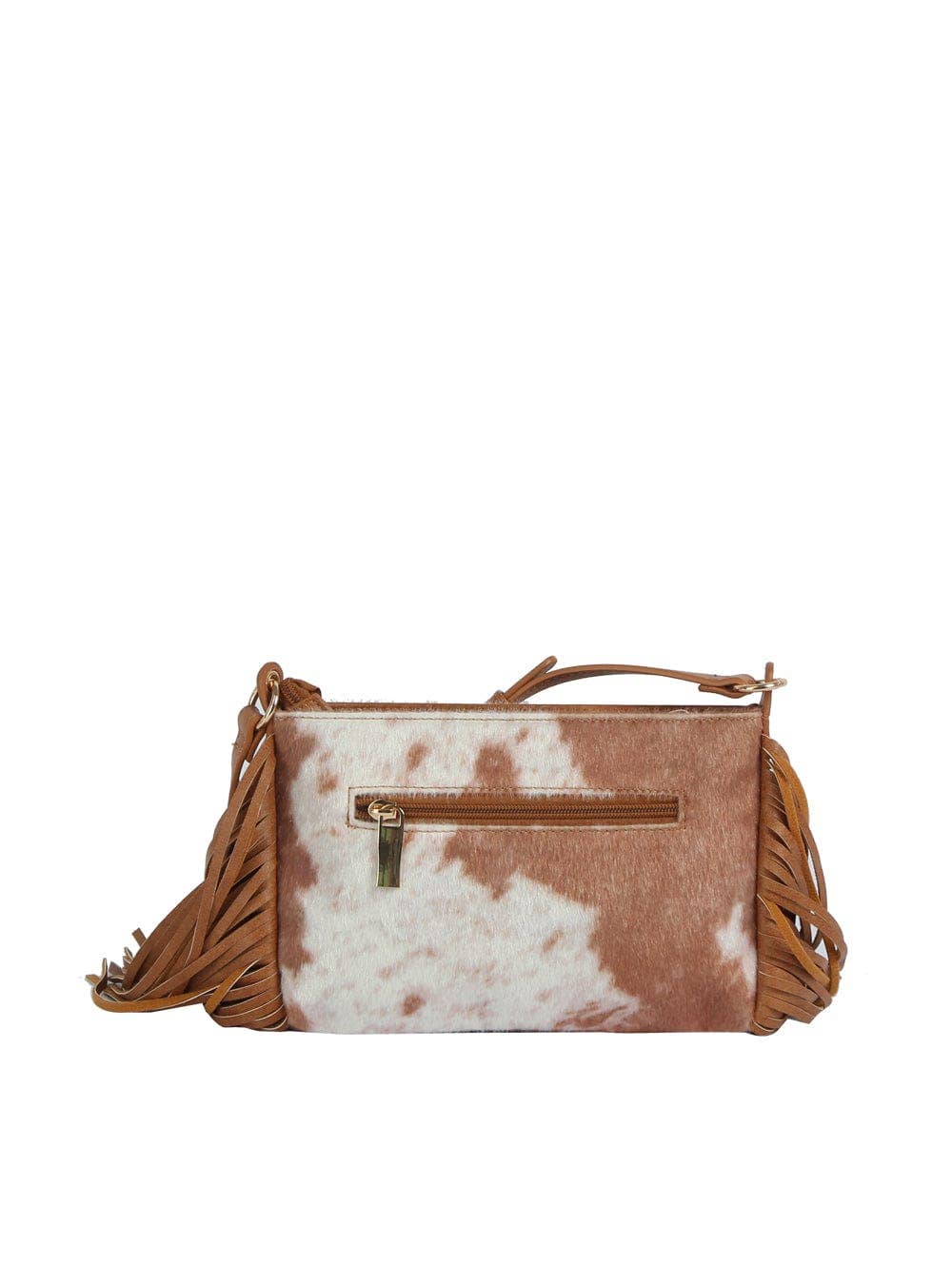 Suede Cow Print Fringe Crossbody: Brown