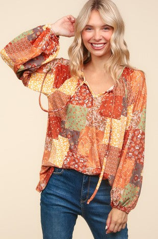 Plus Fall Patchwork Blouse