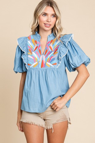 Denim Baby Doll Embroidered Top