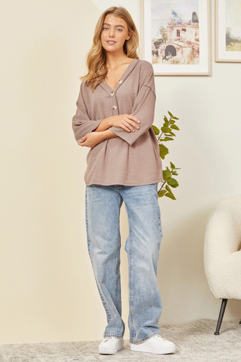 V-Neck Washed Waffle Knit Mocha