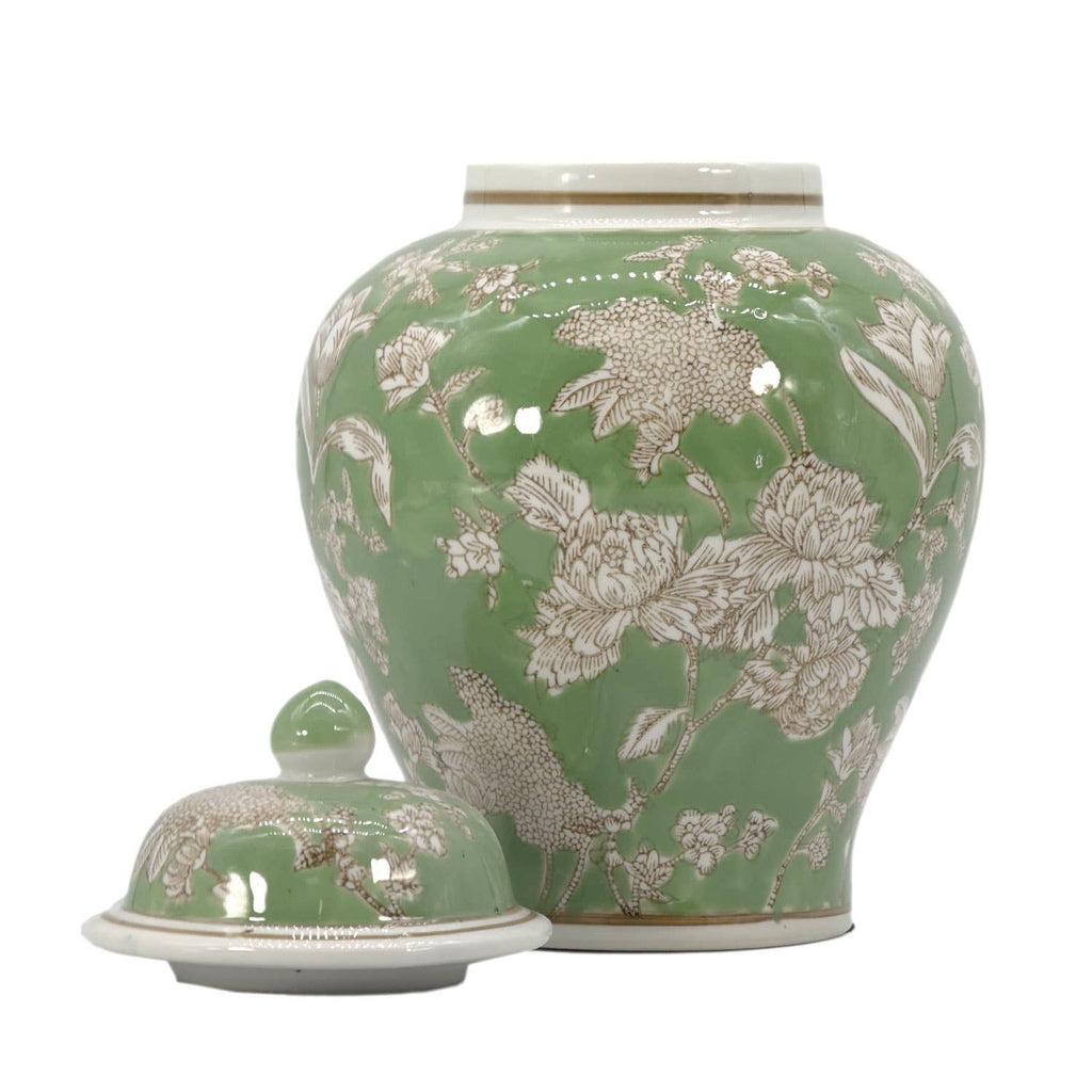 Green & White  Floral Peony Ceramic Chinoiserie Jar 12"