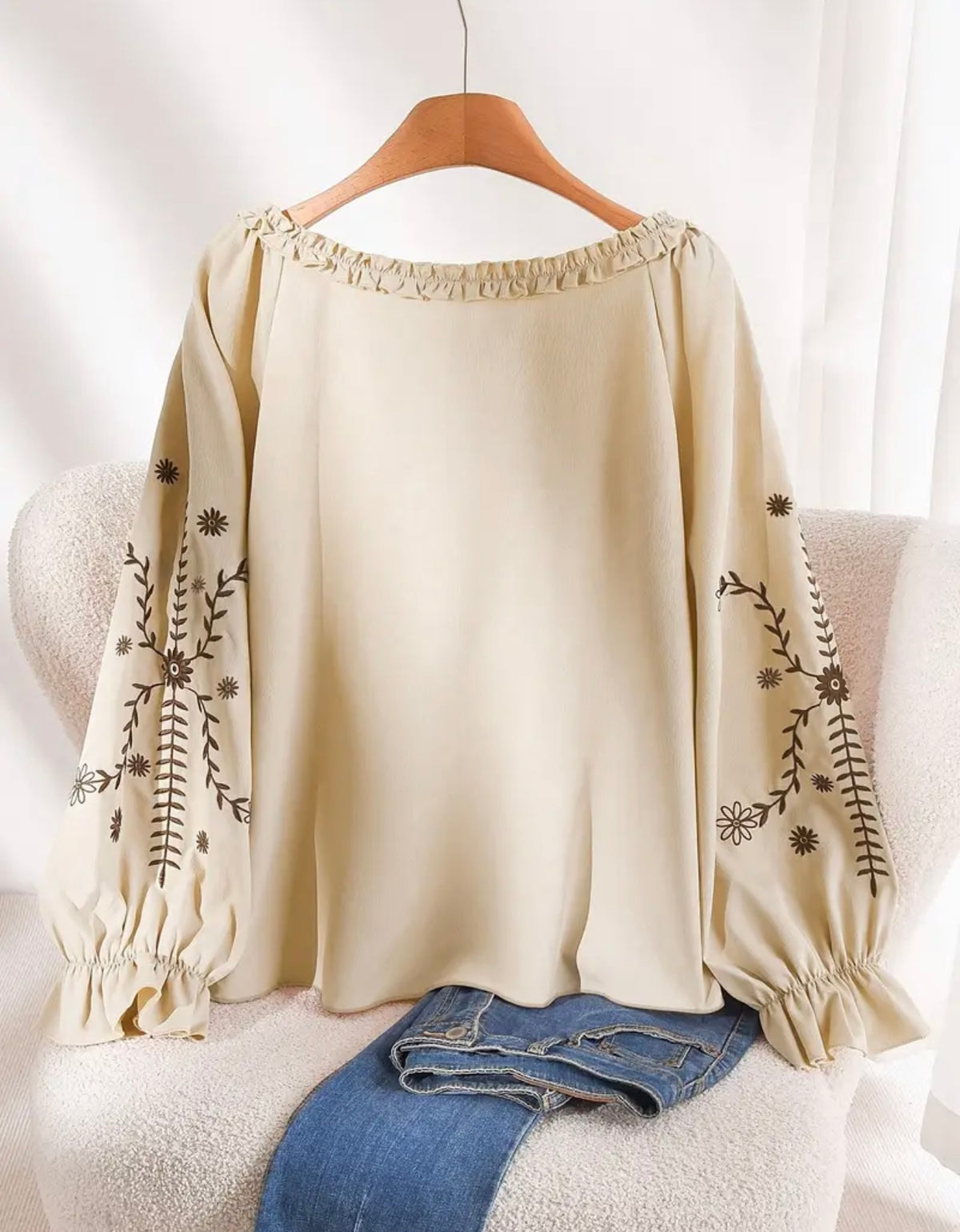 Plus Embroidered Ruffle Blouse Wheat