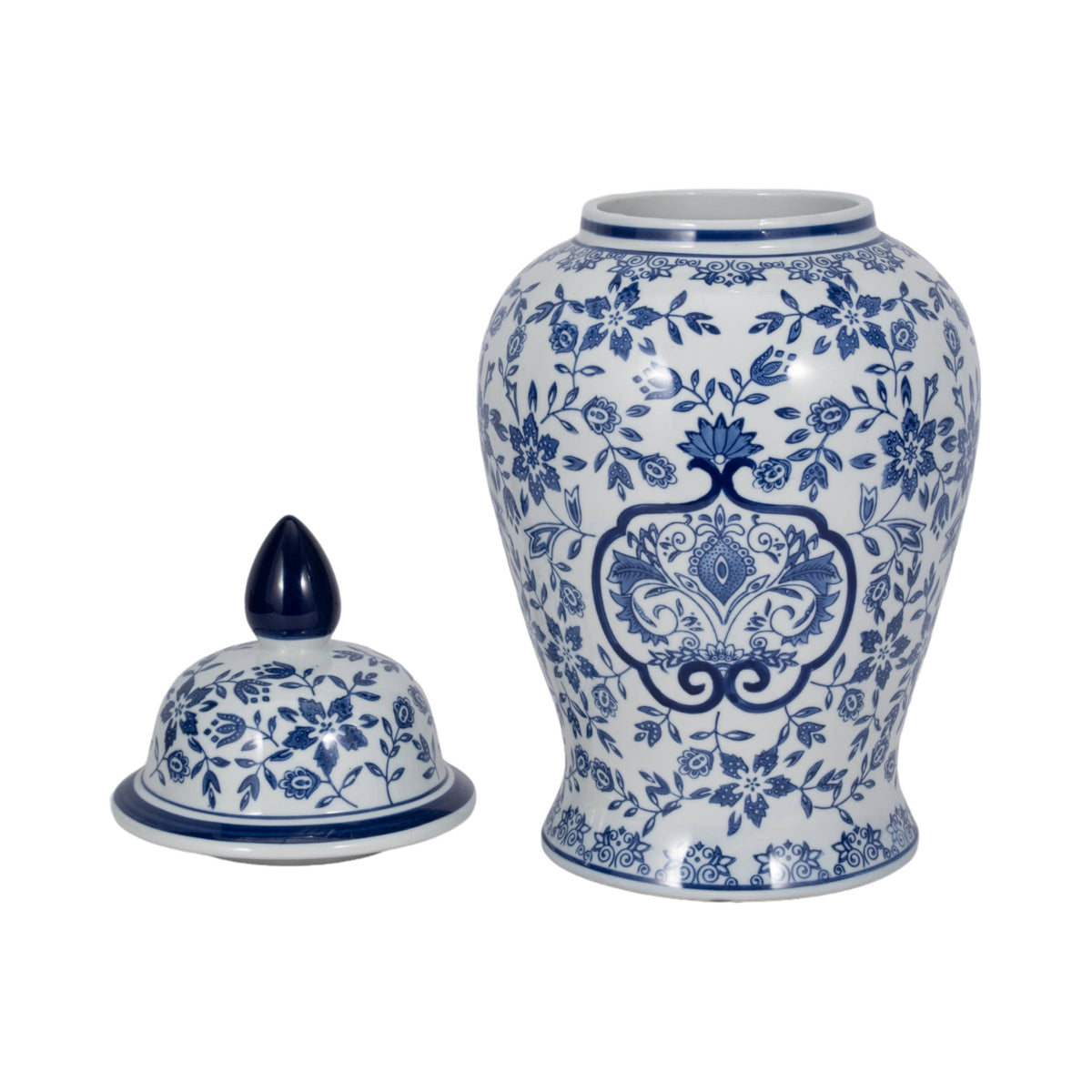 Temple Jar - White/Blue Ceramic Chinoiserie Charm, 18 in.