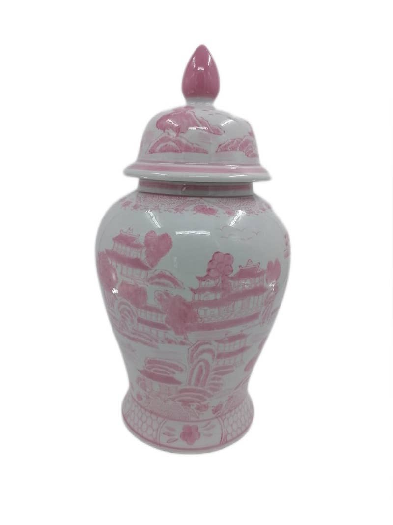 Pink & White Chinoiserie Ceramic Jar 18"